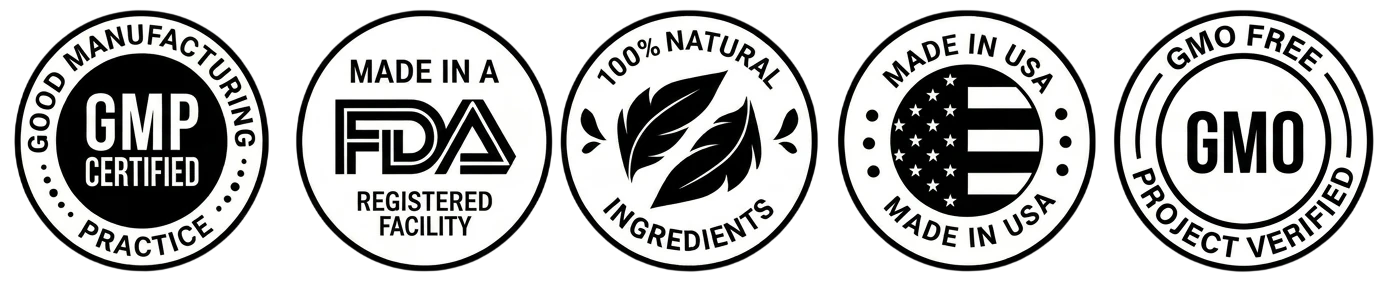 GMP Certified, FDA registered facility, 100% natural ingredients, made in USA, GMO free